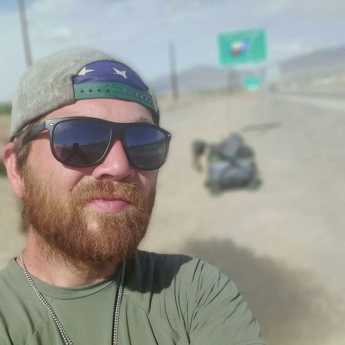 Nicholas Tully-Fern as he enters Texas in El Paso. Tully-Fern is a U.S. Marine Corps veteran who is walking cross country. He began in California Feb. 9 and was in Conroe this week. He’ll finish his walk in Washington D.C. in November.
