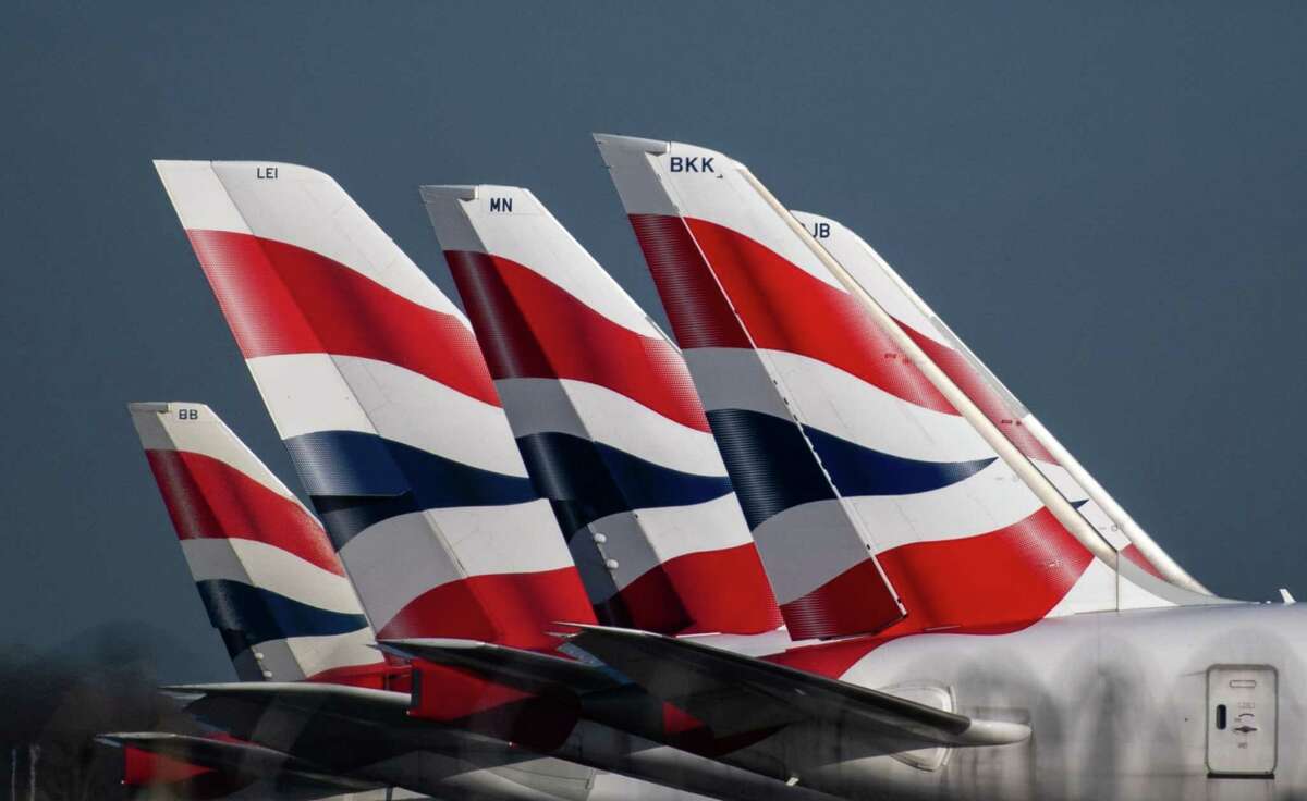 The British Airways livery on the tail fins of passenger aircraft at London Heathrow Airport on Feb. 23.
