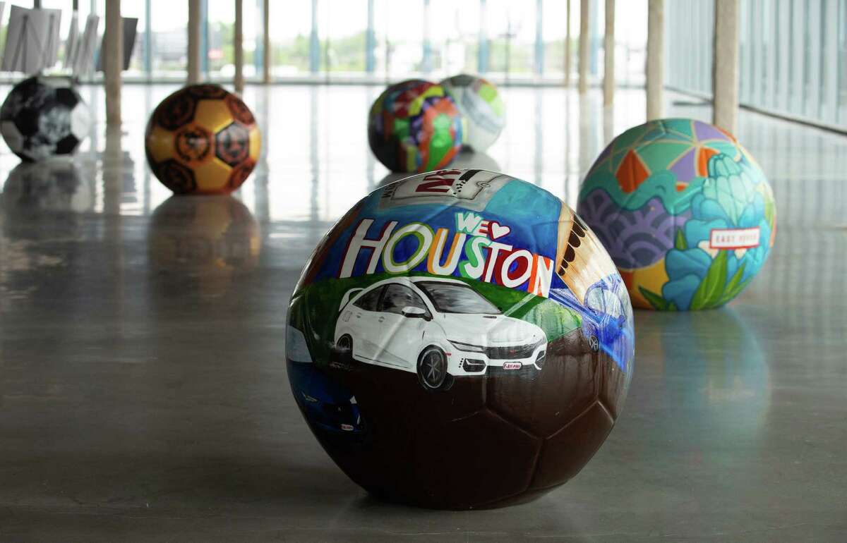 Several “The Art of Soccer campaign” ball, a campaign by the 2026 World Cup Bid Committee to bring World Cup to Houston, is placed on the fourth floor of the Houston’s innovative tech hub Monday, June 20, 2022, in Houston.