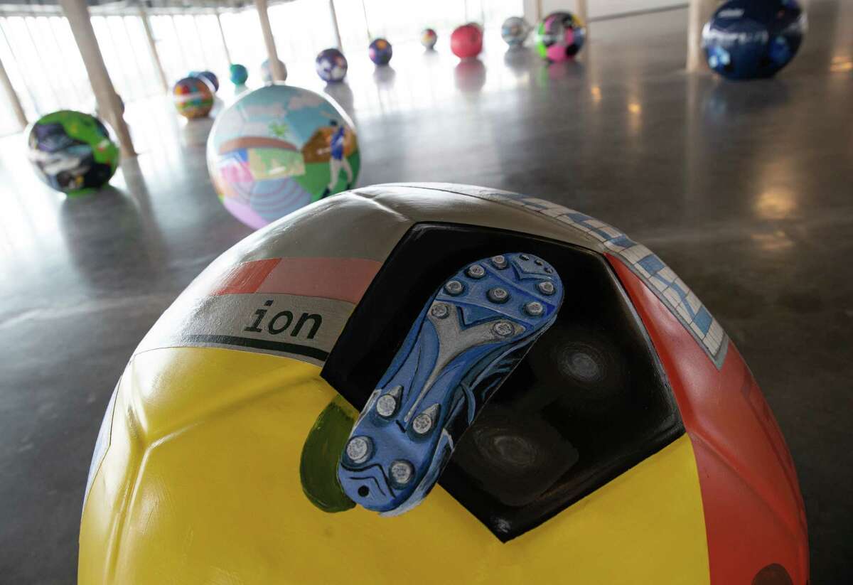 The Ion’s “The Art of Soccer campaign” ball, created by local artist Marsha Dorsey-Outlaw, is placed on the fourth floor of the Houston’s innovative tech hub Monday, June 20, 2022, in Houston. The campaign was lauched by the 2026 World Cup Bid Committee to bring World Cup to Houston.
