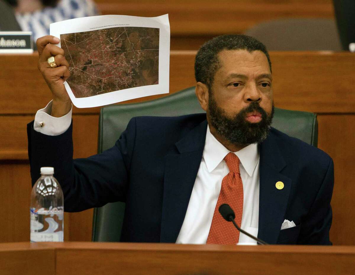 State Sen. Borris Miles holds a map showing concrete batch plants in Harris County as he talks during a meeting of the Texas Sunset Advisory Commission on Wednesday. The Sunset Commission met to discuss staff recommendations regarding the Texas Commission on Environmental Quality.