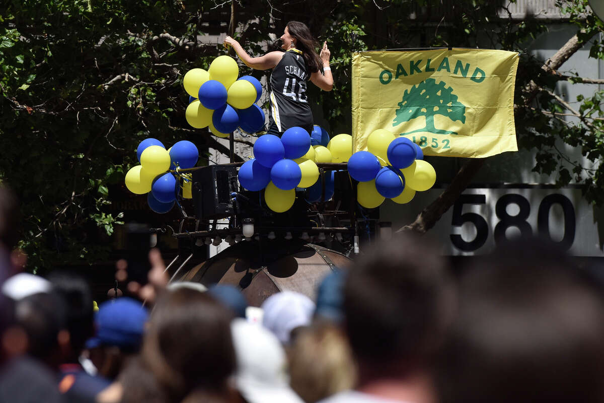 Oakland Mayor Libby Schaaf, in her snail car at the Warriors parade.