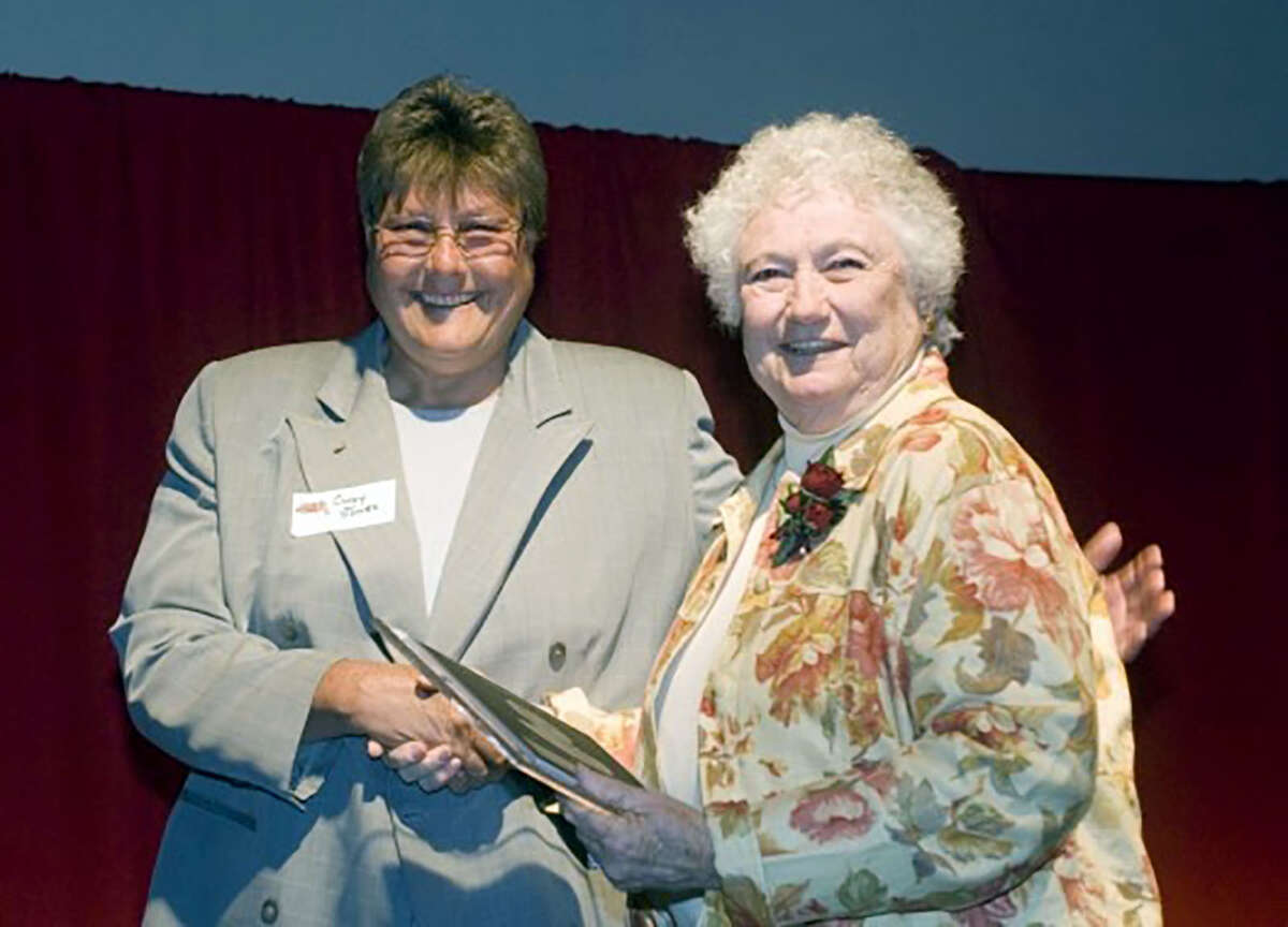 Former SIUE coach and administrator Rosemarie Archangel, right, was selected in 1968 to join 13 other women in Washington, D.C. to prepare draft guidelines for the implementation of Title IX. She is shown with former SIUE coach and athletic director Cindy Jones.