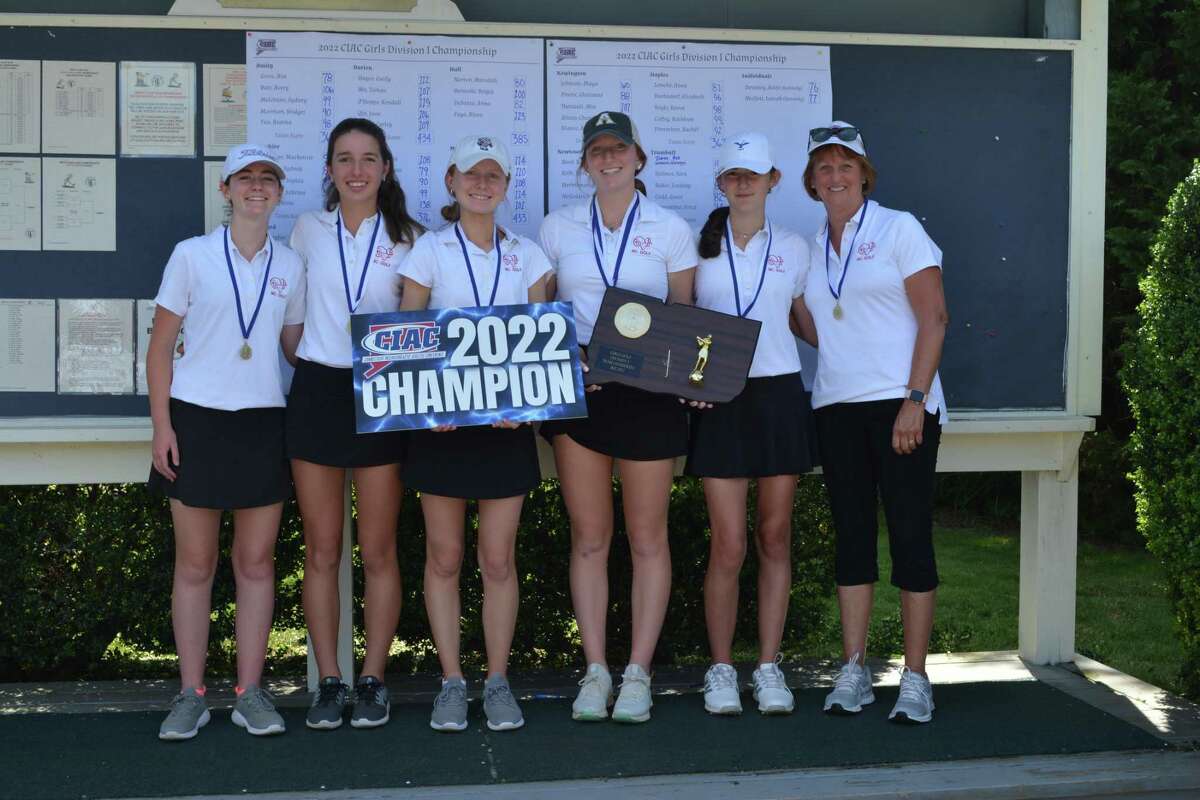The New Canaan High School girls varsity golf team, including Amanda Vigano, Sofia Carlberg, Faith Hobbs, Carielle D’Elisa, Molly Mitchell, and coach Priscilla Schulz, won FCIAC and state championships this spring and will be playing in the Nationals at Pinehurst Resort in North Carolina later this month.