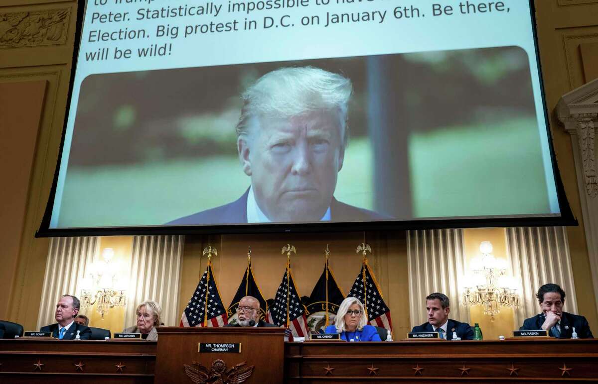 A tweet by then-President Donald Trump is displayed on a screen during the first public hearing before the House Select Committee to Investigate the Jan. 6 Attack in Washington on Thursday night, June 9, 2022. The committee opened a landmark set of hearings on Thursday by showing video of aide after aide to former President Donald Trump testifying that his claims of a stolen election were false, as the panel laid out in meticulous detail the extent of the former president?•s efforts to keep himself in office. (Doug Mills/The New York Times)