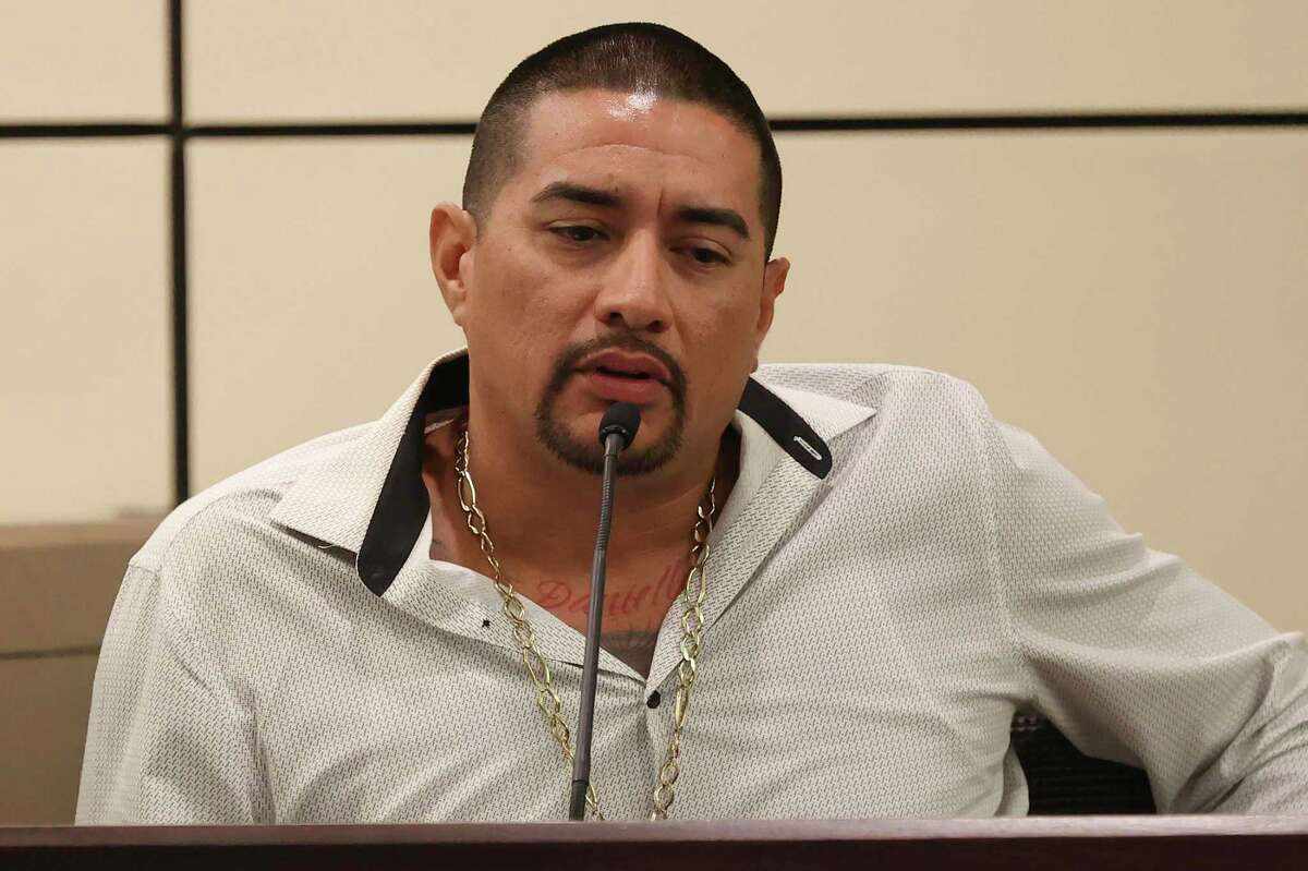 Jackdaniel Hernandez, 38, testifies for the prosecution in the capital murder trial of Eric Trevino in the Bexar County 437th District Court, Thursday, June 23, 2022. Trevino is accused in the shooting death of three-year-old Rene Blancas, Jr. on Nov. 4, 2017. The boy was riding with his parents and one-year-old baby sister when Trevino is accused of shooting at the vehicle striking the boy in the back of the head. They were at the corner of Briggs Avenue and New Laredo Highway on the city’s southwest side. Hernandez is the cousin of the victim’s father and spoke with them minutes before the shooting.