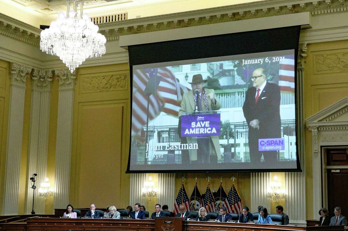 A video showing attorney John Eastman is displayed June 16 during a House select committee hearing investigating the Jan. 6, 2021, attack on the Capitol.