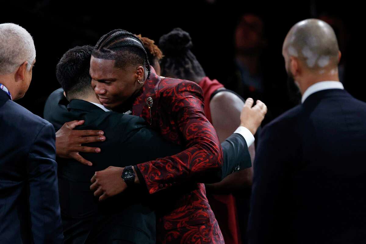 Bennedict Mathurin reacts after being drafted with the 6th overall pick by the Indiana Pacers during the 2022 NBA Draft at Barclays Center on June 23, 2022 in New York City.