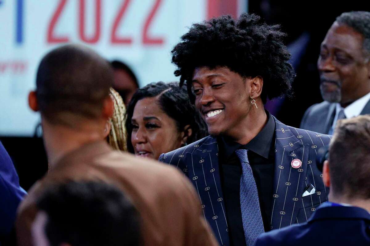 NEW YORK, NEW YORK - JUNE 23: Jalen Williams reacts after being drafted 12th overall by the Oklahoma City Thunder during the 2022 NBA Draft at Barclays Center on June 23, 2022 in New York City. NOTE TO USER: User expressly acknowledges and agrees that, by downloading and or using this photograph, User is consenting to the terms and conditions of the Getty Images License Agreement. (Photo by Sarah Stier/Getty Images)