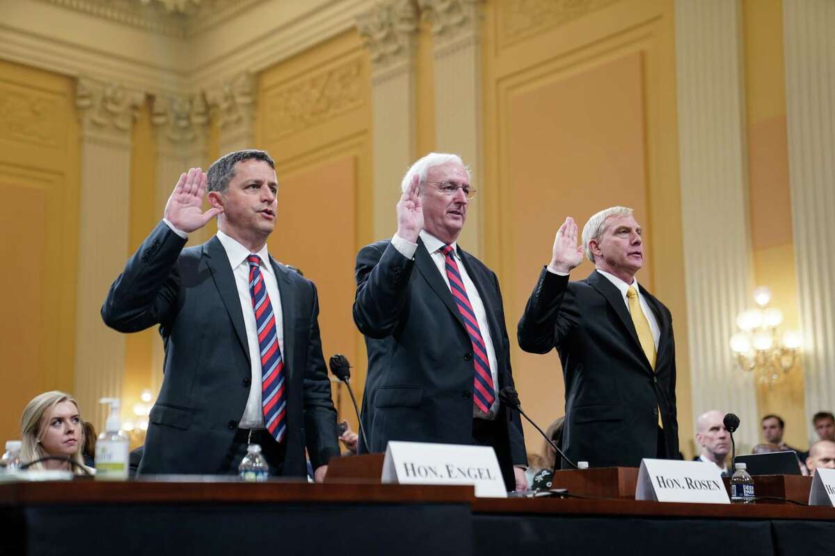 From left, witnesses Steven A. Engel, Jeffrey Rosen and Richard Donoghue appear before the House Jan. 6 committee on June 23, 2022.
