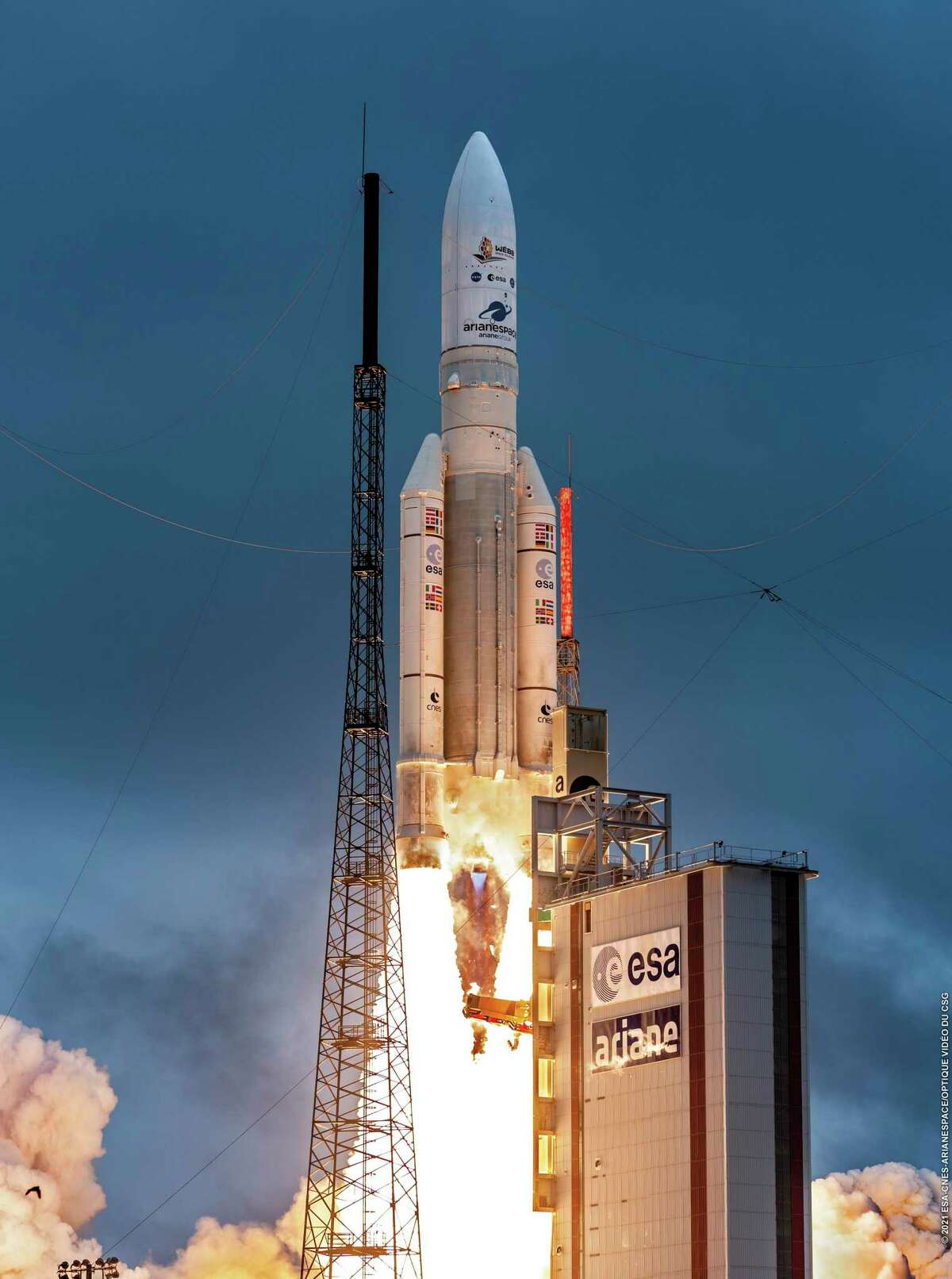 Arianespace's Ariane 5 rocket with NASA's James Webb Space Telescope onboard, lifts off Dec. 25, 2021, at Europe's Spaceport, the Guiana Space Center in Kourou, French Guiana. The world's largest and most powerful space telescope is on a high-stakes quest to behold light from the first stars and galaxies.
