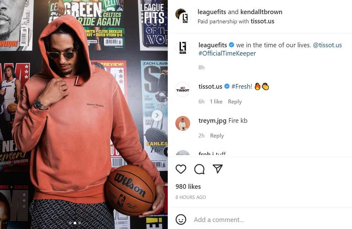 Kendall Brown wore one of the night’s most avant garde looks: a Maison Margiela hooded sweater in pale pink, Supreme pants and a Tissot timepiece.