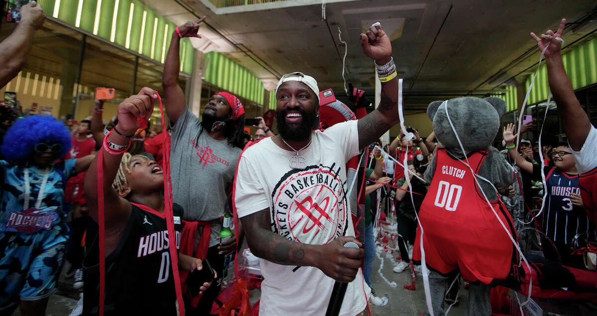 Rockets fans react as the Rockets took Jabari Smith Jr. as their first pick in the draft during the Houston Rockets' 2022 NBA draft watch party at POST Houston on Thursday, June 23, 2022 in Houston.