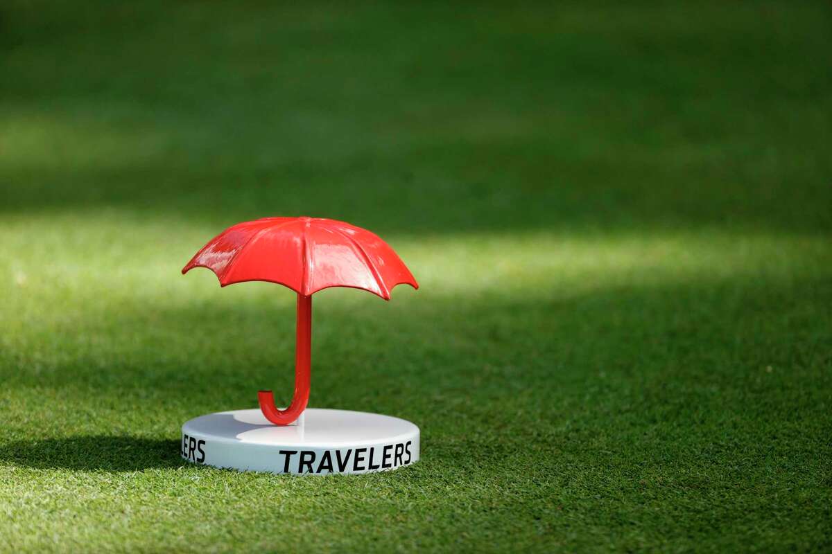 The Travelers logo is seen on the 12th tee box during the first round of Travelers Championship at TPC River Highlands on June 23, 2022 in Cromwell, Connecticut. Video of a runaway golf cart during the opening round of the tournament is gaining national attention.