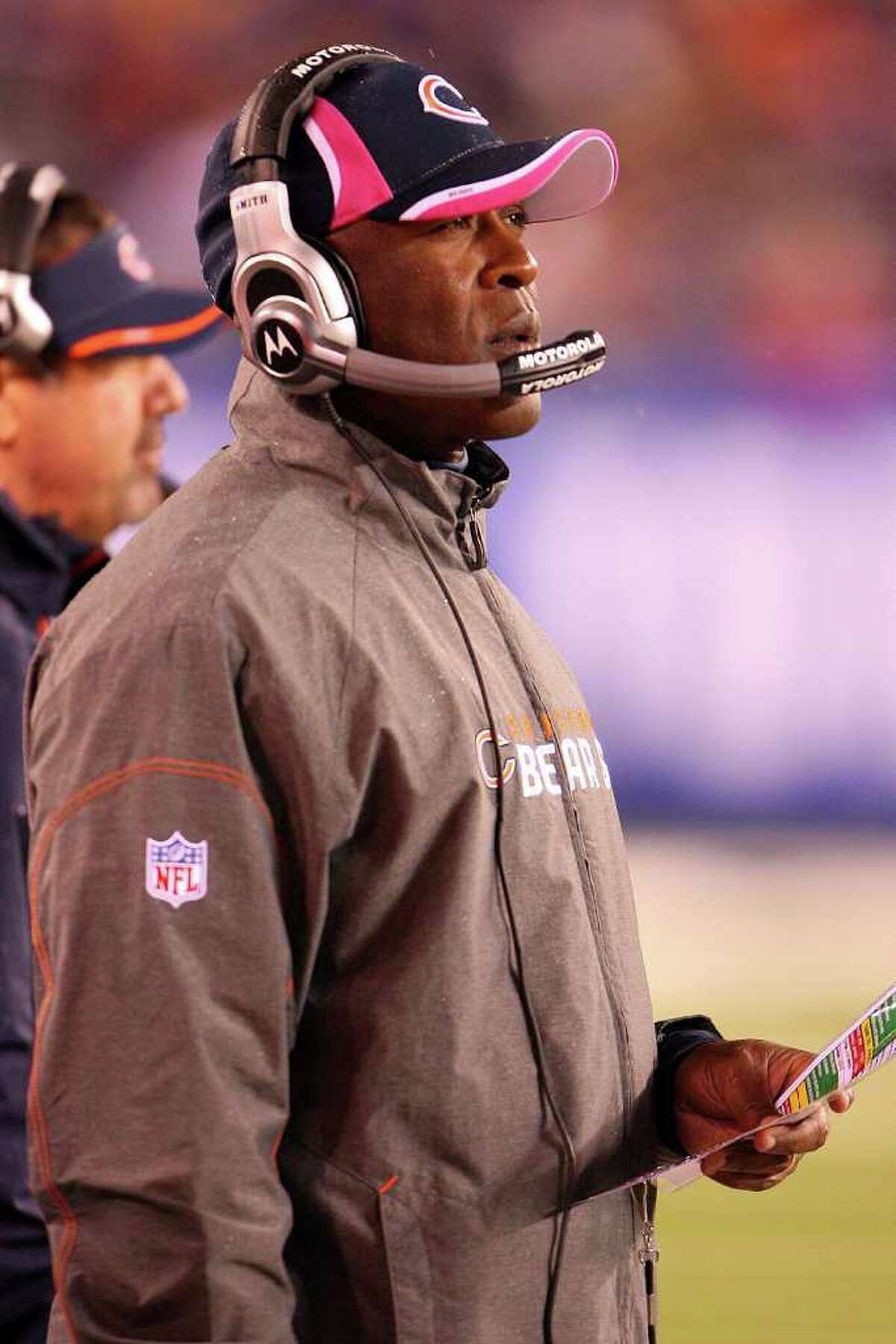EAST RUTHERFORD, NJ - OCTOBER 03: Head coach Lovie Smith of the Chicago Bears looks on from the sidelines against the New York Giants at New Meadowlands Stadium on October 3, 2010 in East Rutherford, New Jersey. (Photo by Andrew Burton/Getty Images) *** Local Caption *** Lovie Smith