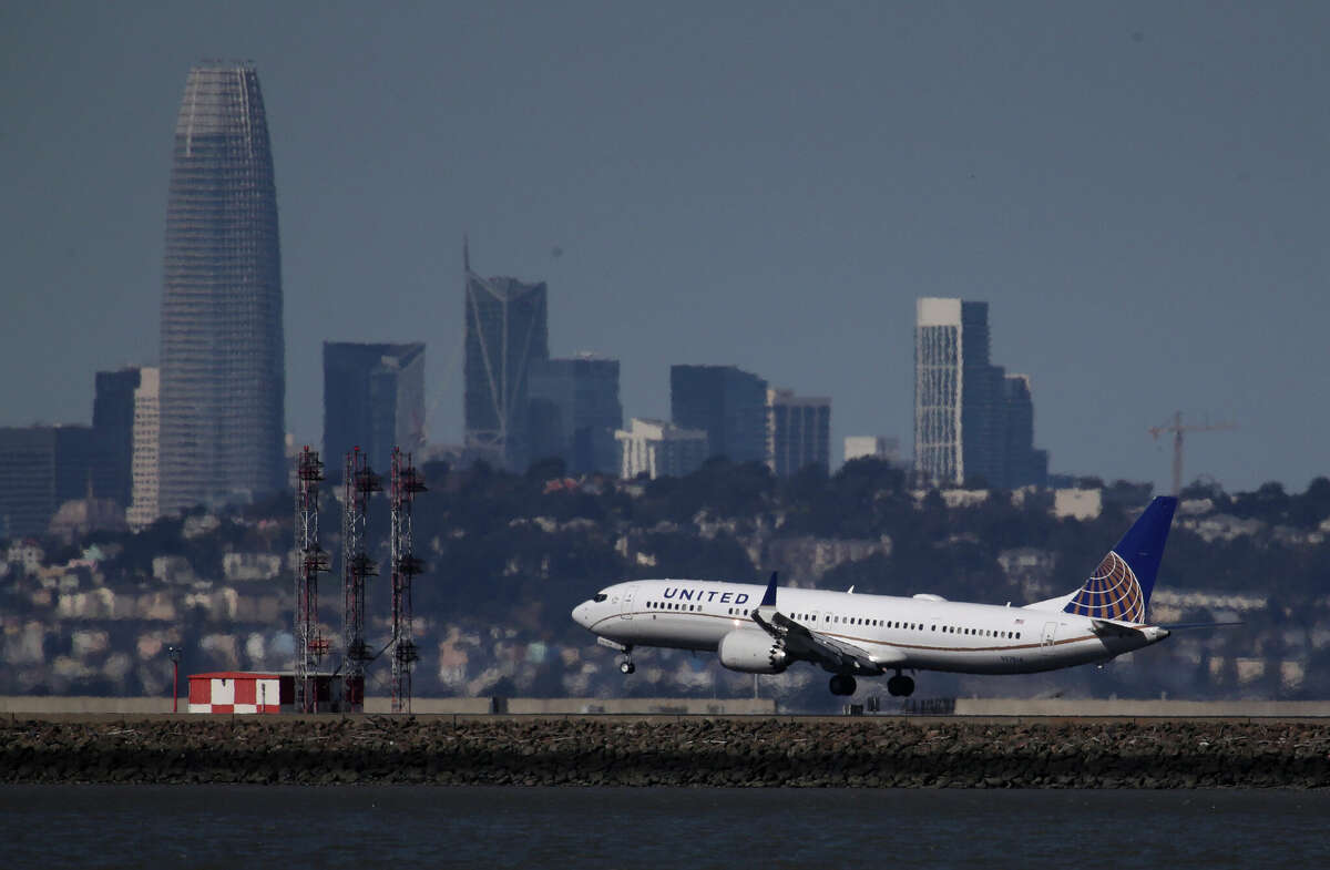 A United Airlines Boeing 737 Max 9 aircraft lands at San Francisco International Airport in March 2019.