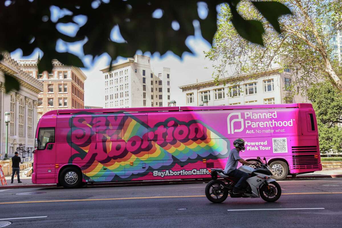A giant pink Planned Parenthood bus which will be traveling the state after a media tour on Thursday, May 19, 2022 in Oakland, California.