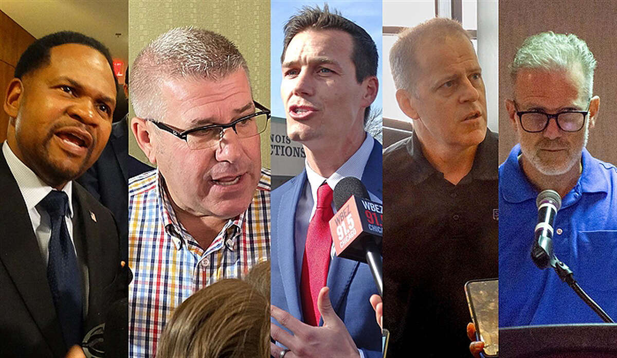 The Republican candidates for governor are Richard Irvin (from left), Darren Bailey, Jesse Sullivan, Paul Schimpf and Gary Rabine. Max Solomon is also running.