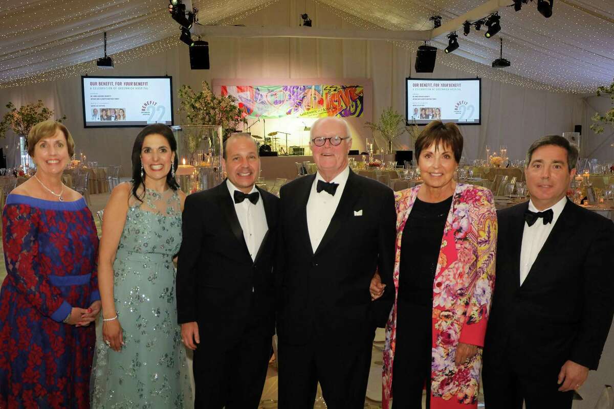 There was a lot to celebrate recently at the benefit for Greenwich Hospital, which was held at Greenwich Country Club on May 20. From left, Greenwich Hospital President Diane Kelly, Catherine Brunetti, honoree James Brunetti, honoree Arthur Martinez, honoree Elizabeth Martinez, and hospital Board of Trustees W. Robert Berkley, Jr. posed for a photo at the event.