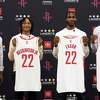TyTy Washington Jr. , Tari Eason, and Jabari Smith Jr. hold up their jerseys along with head coach Stephen Silas and General Manager Rafael Stone during a press conference held by the Houston Rockets to introduce the players they acquired from the 2022 NBA Draft at Toyota Center on Friday, June 24, 2022 in Houston.