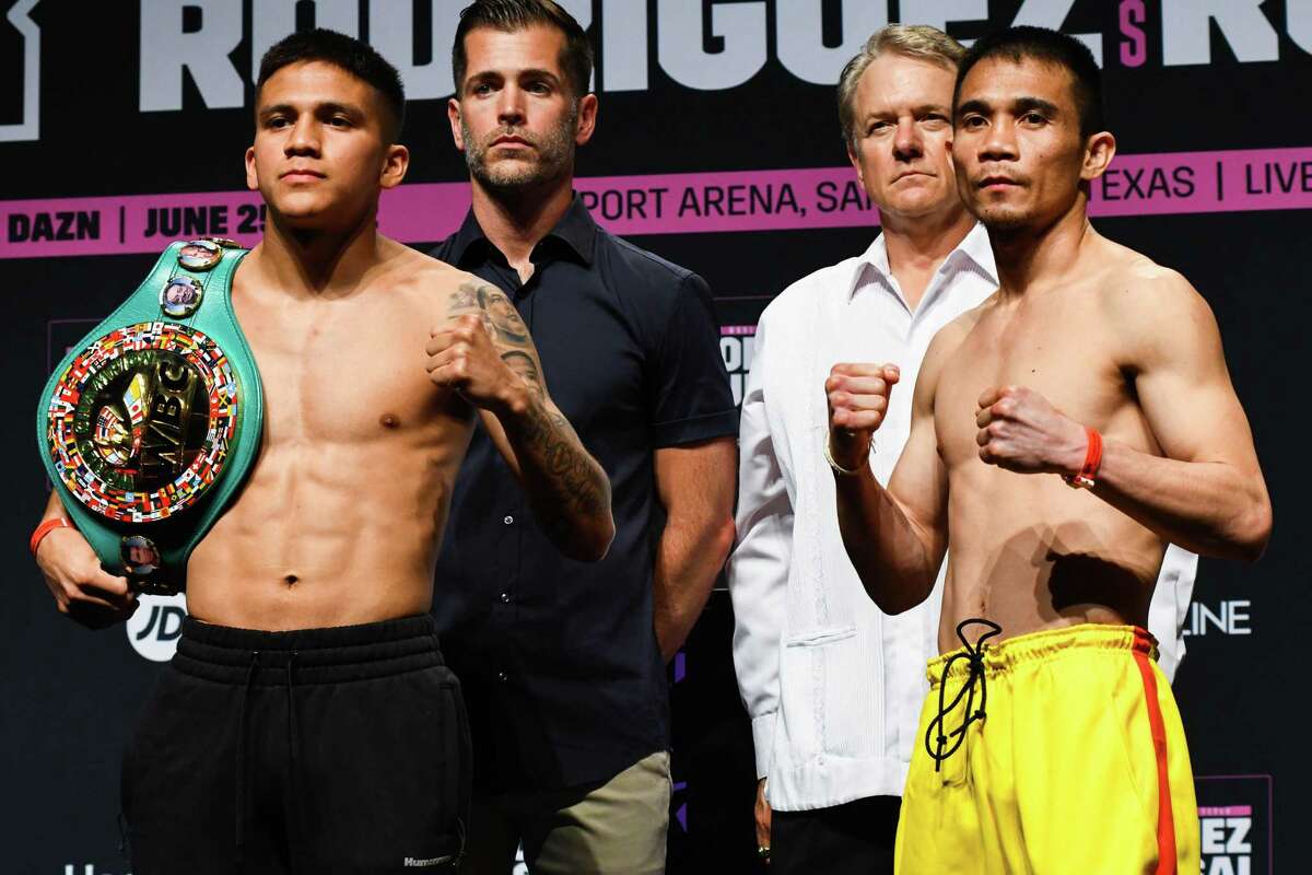 Jesse “Bam” Rodriguez and Srisaket Sor Rungvisai face off ahead of their junior bantamweight title fight at Tech Port Arena in San Antonio, Texas