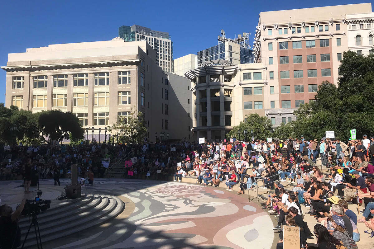 People gather in Frank H. Ogawa Plaza in Oakland on Friday, June 24, in protest of the Supreme Court's decision overturning Roe v. Wade.