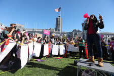 Kimberly Ellis, Director of the San Francisco Department on the Status of Women, speaks to a crowd of protesters on Friday, June 24, at the Civic Center during a Planned Parenthood rally in the wake of the Supreme Court's ruling to overturn Roe vs. Wade. 