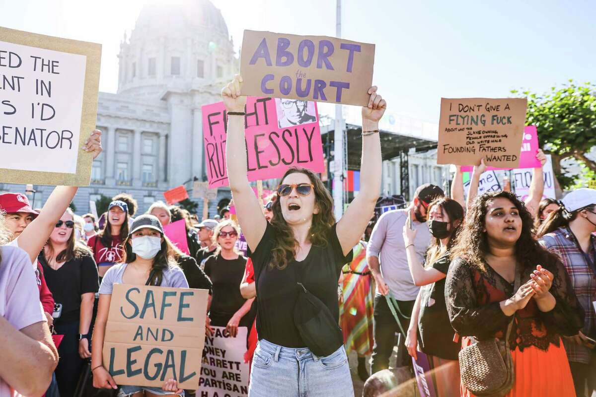 Alisa Futritski (center) protests after the Supreme Court overturned Roe v. Wade outside City Hall on Friday, June 24, 2022 in San Francisco, California.