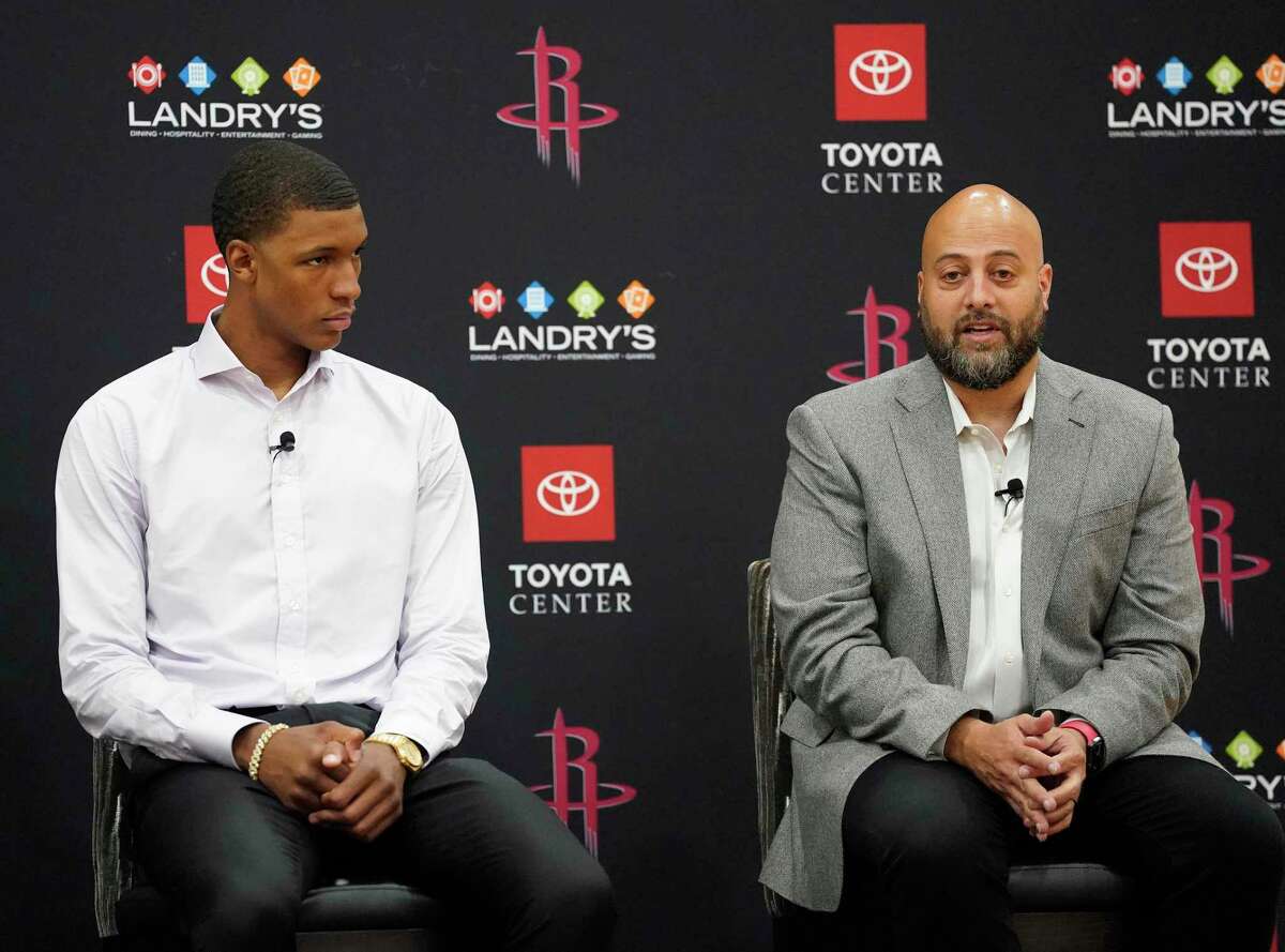 General Manager Rafael Stone with Jabari Smith Jr. during a press conference held by the Houston Rockets to introduce the players they acquired from the 2022 NBA Draft at Toyota Center on Friday, June 24, 2022 in Houston.