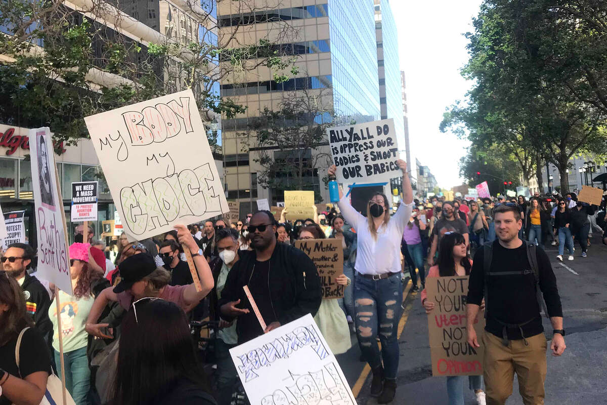 Protestors march in downtown Oakland chanting "We are ready to fight, abortion is a human right,” on Friday, June 24, in the wake of the Supreme Court's decision to overturn Roe vs. Wade. 