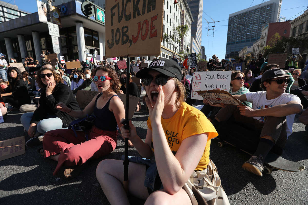 Protesters stage a sit-in at the intersection of 8th and Market Street,  in downtown San Francisco, on Friday, June 24, in response to the Supreme Court's decision to overturn Roe vs. Wade.