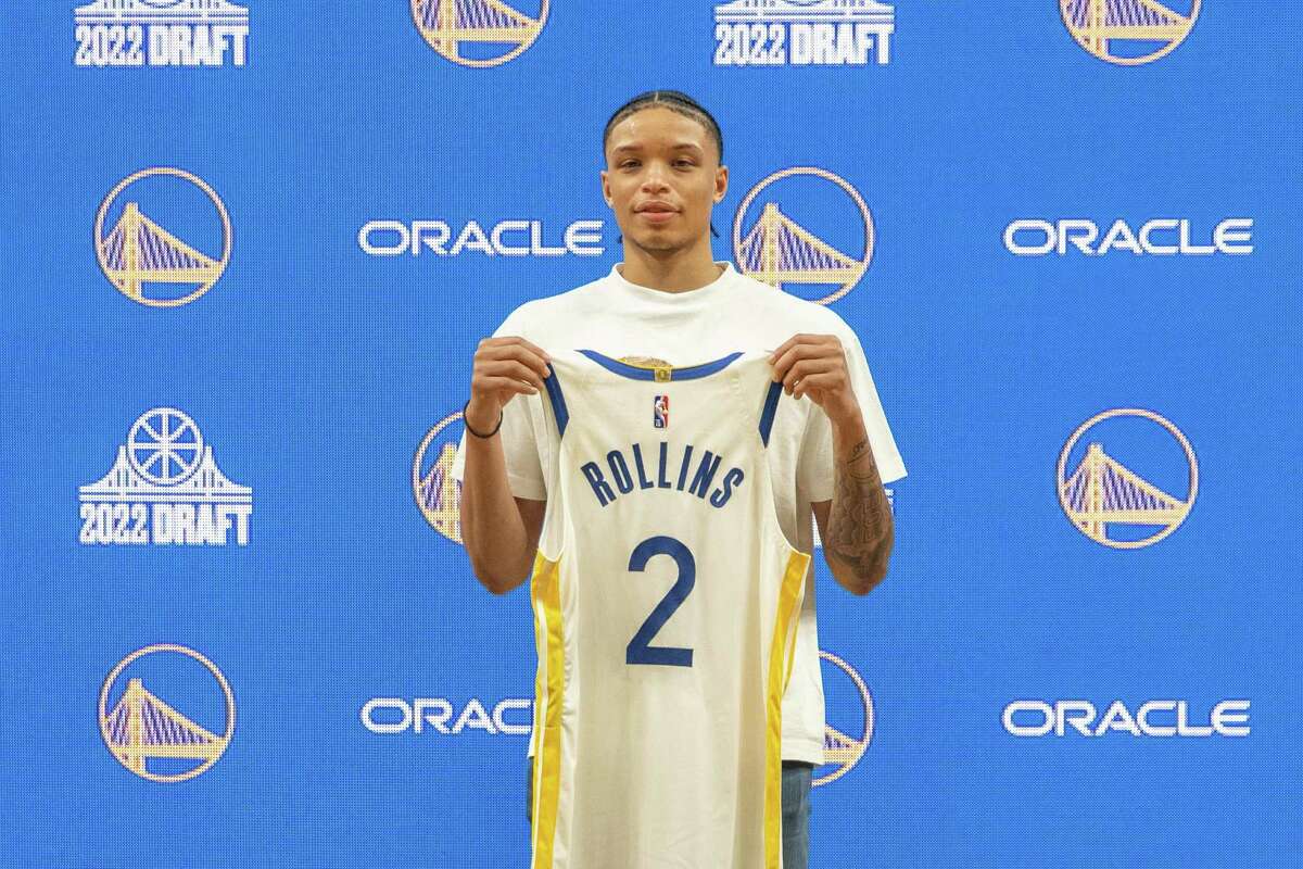 Warriors second-round draft pick Ryan Rollins poses during an introductory press conference Friday at Chase Center in San Francisco.