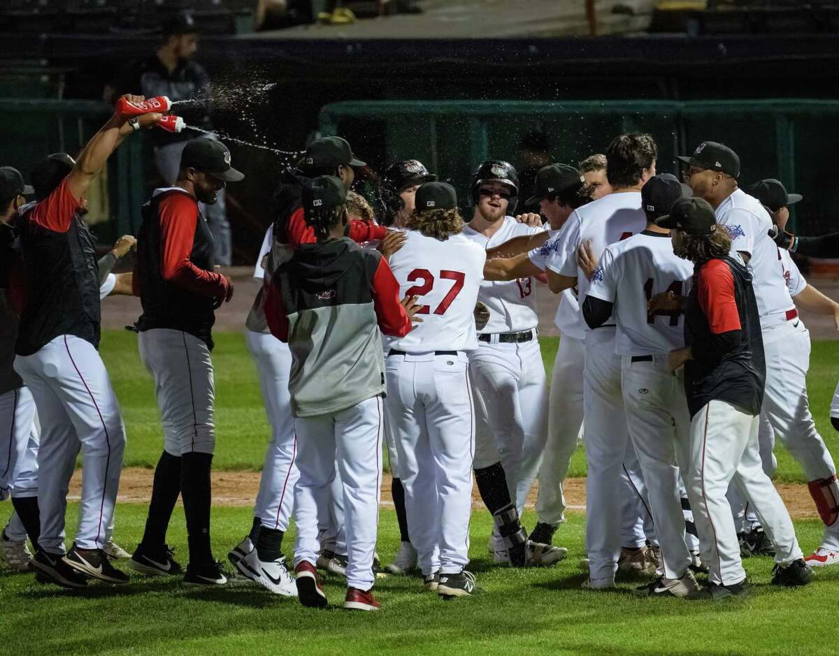 The Tri-City ValleyCats celebrate a walk off single by Brantley Bell to beat the Empire State Greys during a Frontier League game at Joseph L. Bruno Stadium on the Hudson Valley Community College campus in Troy, NY, on Friday, June 24, 2022. (Jim Franco/Special to the Times Union)