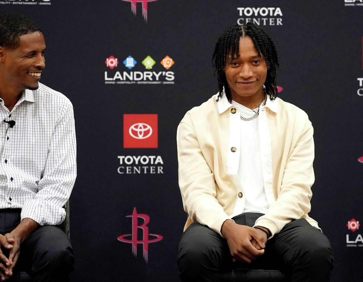TyTy Washington Jr. with head coach Stephen Silas during a press conference held by the Houston Rockets to introduce the players they acquired from the 2022 NBA Draft at Toyota Center on Friday, June 24, 2022 in Houston.