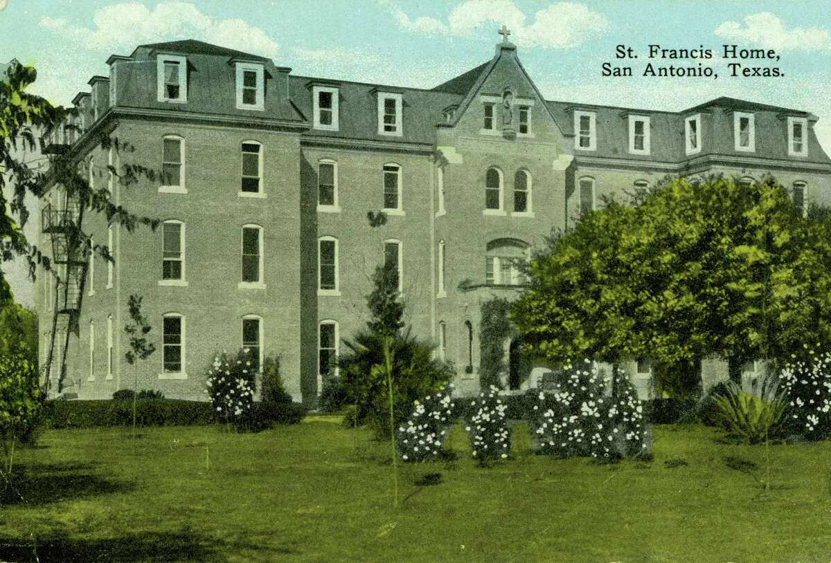 An undated postcard shows the St. Francis Home for the Aged at 2017 S. Flores St., operated by the Sisters of Charity of the Incarnate Word. A niche on the fourth floor holds a statue of the home’s patron saint.