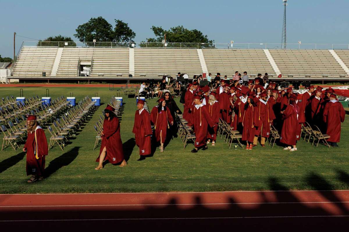 Uvalde High School seniors at Honey Bowl Stadium on Friday. Their graduation ceremony was originally set for May 27.