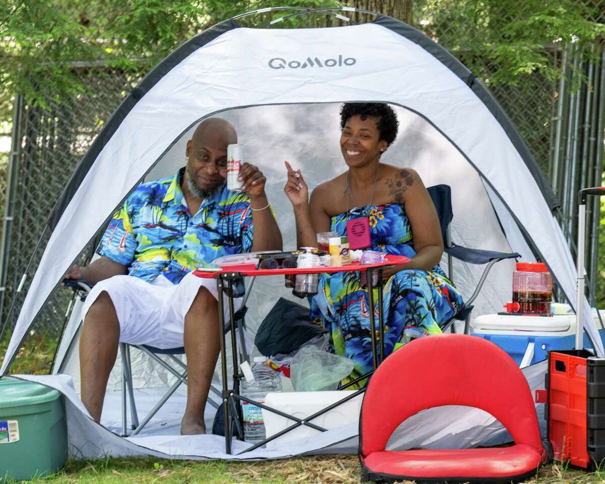Dorsett Grant and Tulani Husband hang out in a tent at the Freihofer’s Saratoga Jazz Festival at the Saratoga Performing Arts Center on Saturday, June 25, 2022. (Jim Franco/Special to the Times Union)