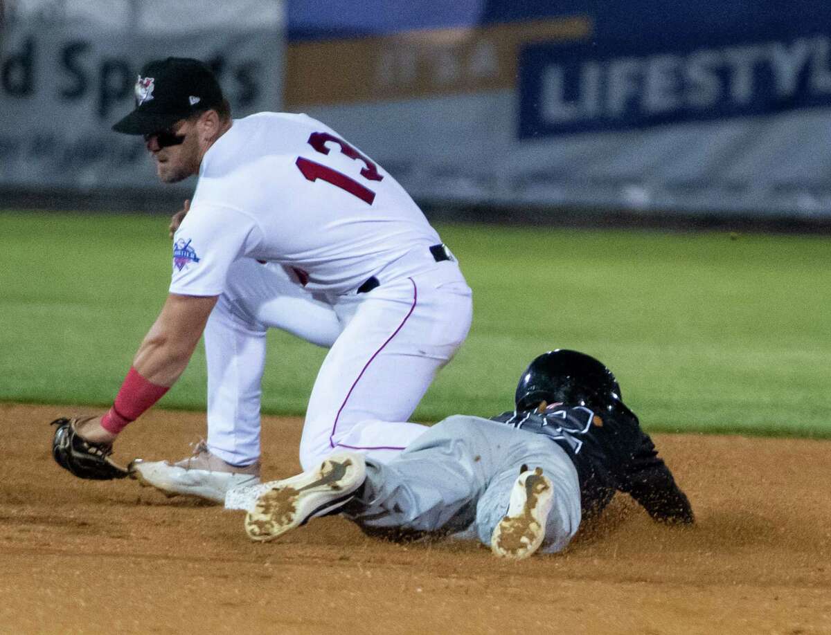 Greys batter Jose Mercado is safe at second before ValleyCats shortstop Pavin Parks can secure the ball during a game at Joe Bruno Stadium in Troy, N.Y., Saturday evening, Jun. 25, 2022. (Jenn March, Special to the Times Union)