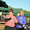 Eileen Troy, left, girls golf coordinator for Section II, and LPGA star Dottie Pepper at the first-ever Section II Girls Golf Sectional and State Qualifier at Fairways of Halfmoon on Oct. 12, 2019. Players gathered before the start to hear Pepper of Saratoga Springs talk about her experiences playing golf in the Capital Region well before girls' teams were allowed to compete. (Joyce Bassett / Times Union)