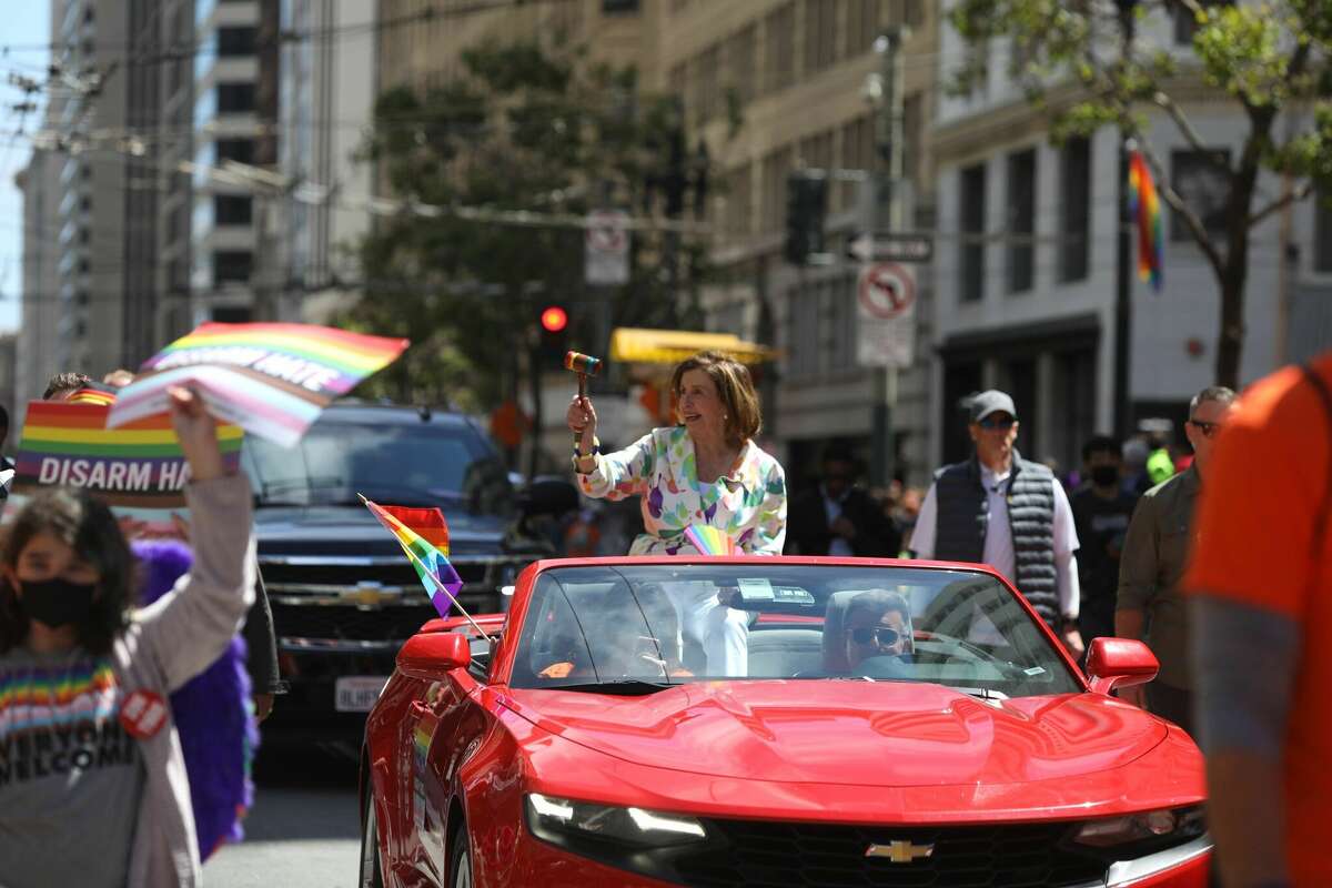 Speaker of the House Nancy Pelosi on her parade float at San Francisco Pride on June 26, 2022.
