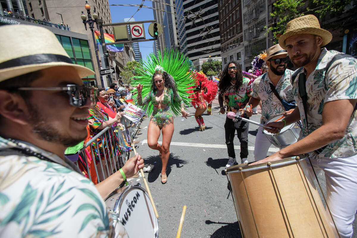 Samad drummers and dancers take part in the San Francisco Pride parade in San Francisco, Calif. on June 26, 2022.