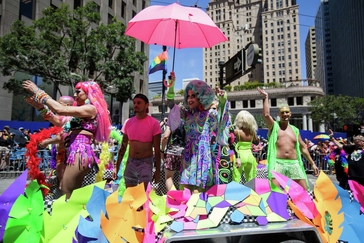 A float is filled with people in costumes during the San Francisco Pride Parade in San Francisco, California on June 26, 2022.
