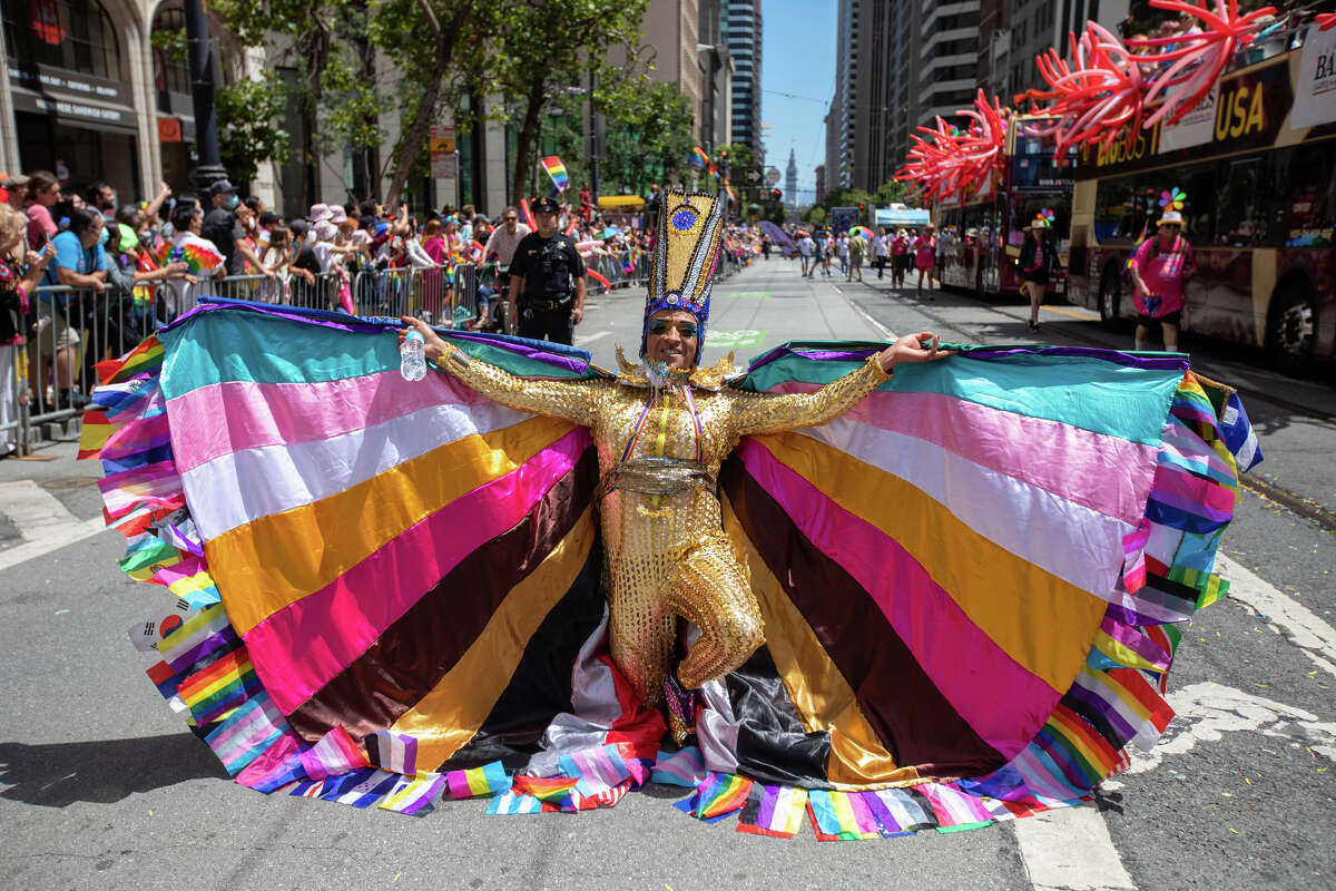 A costumed participant shows their rainbow colors during the San Francisco Pride parade in San Francisco, Calif. on June 26, 2022.