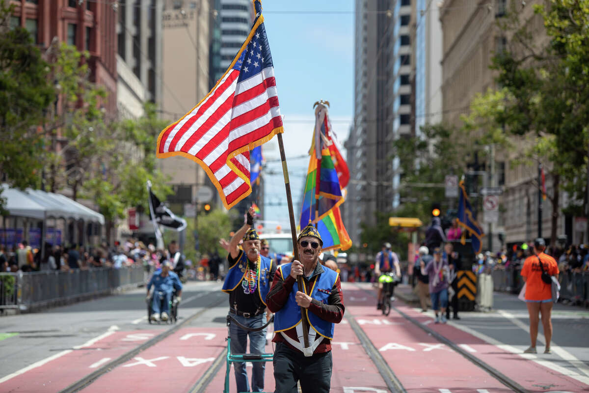 Members of the American Legion Alexander Hamilton Post march during the San Francisco Pride parade in San Francisco, Calif. on June 26, 2022.