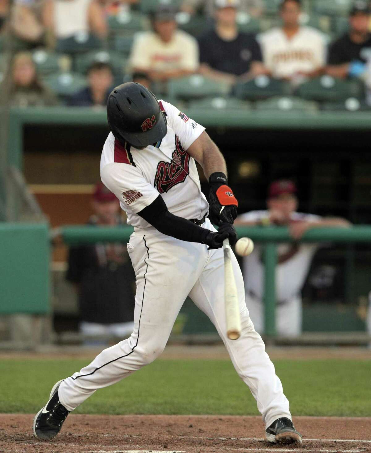 Giants catcher Joey Bart hits a single during a game between the Sacramento River Cats and the El Paso Chihuahuas at Sutter Health Park in Sacramento, Calif., on Thursday, June 23, 2022. Bart was sent back to Triple-A Sacramento working on his batting and getting guidance on his swing.