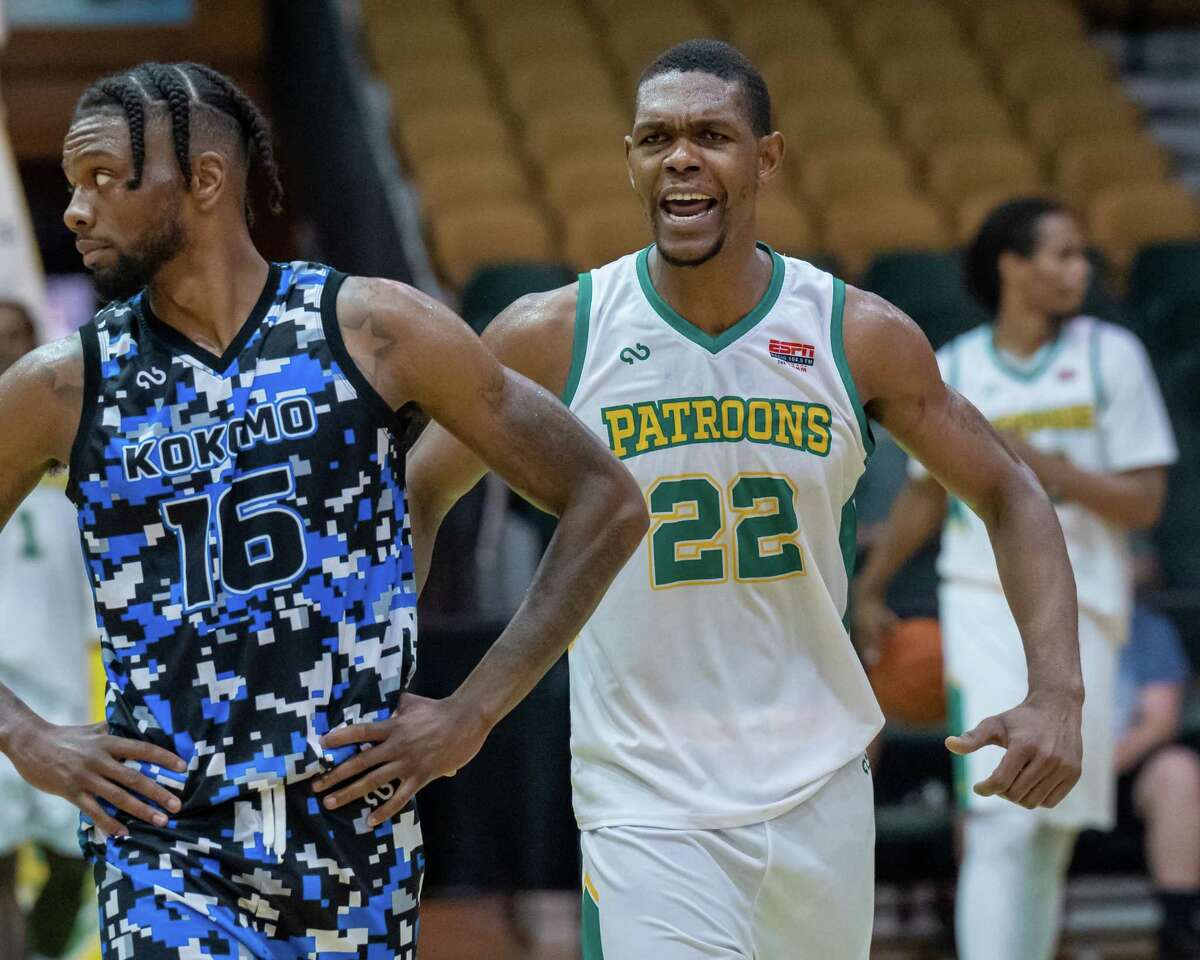 Albany Patroons center Anthony Moe cheers as Kokomo BobKats forward Calvin Gile Jr. looks to his bench during The Basketball League East Regional finals at the Washington Avenue Armory in Albany, NY, on Sunday, June 26, 2022. (Jim Franco/Special to the Times Union)