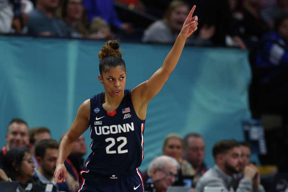 Evina Westbrook of the UConn Huskies reacts in the third quarter against the South Carolina Gamecocks during the 2022 NCAA Women's Basketball Tournament National Championship game at Target Center on April 03, 2022 in Minneapolis, Minnesota.?