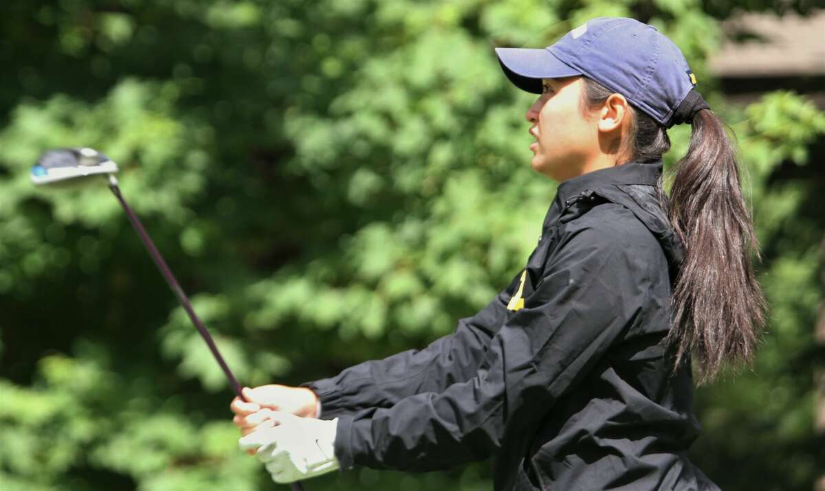 Anika Dy looks at her tee shot land safely in play during the first round of the 2022 Michigan PGA Women's Open on June 27 at Crystal Mountain Resort's Mountain Ridge Course.