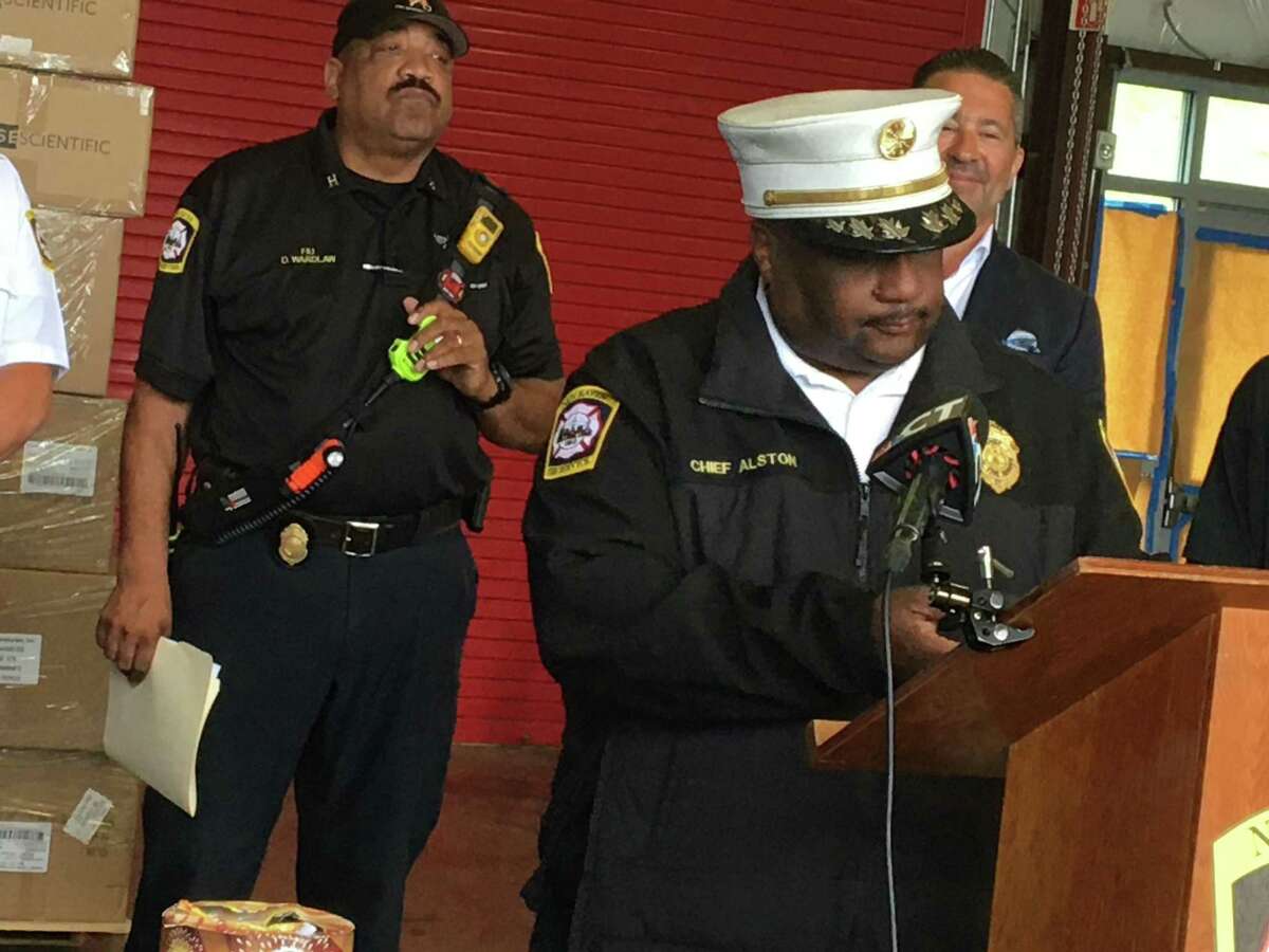 New Haven Fire Chief John Alston speaks at a press conference Monday in advance of the city’s annual July 4 fireworks display.