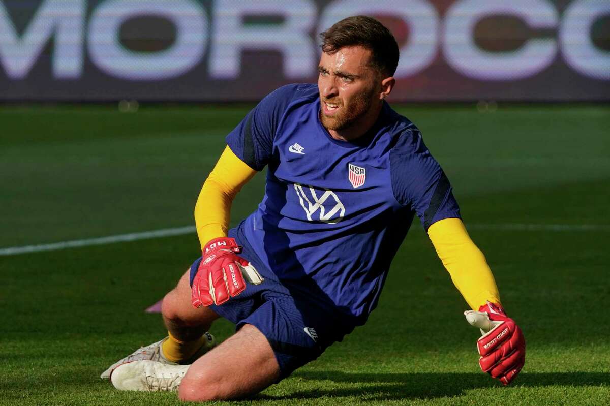 United States goalkeeper Matt Turner warms up prior to the first half of a friendly soccer match against Morocco, Wednesday, June 1, 2022, in Cincinnati. (AP Photo/Jeff Dean)